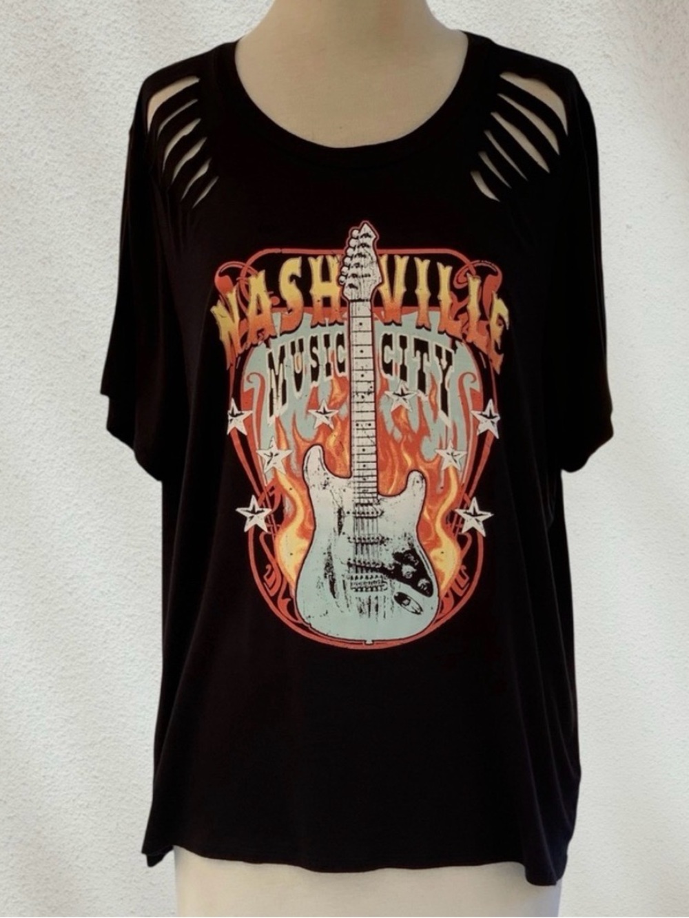 Homegirl Society Nashville Music City Flaming Guitar Black Shredded T-Shirt 1X